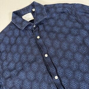 Baird McNutt Murano Linen Blend Shirt Men's Medium Button Down Geometric Blue
